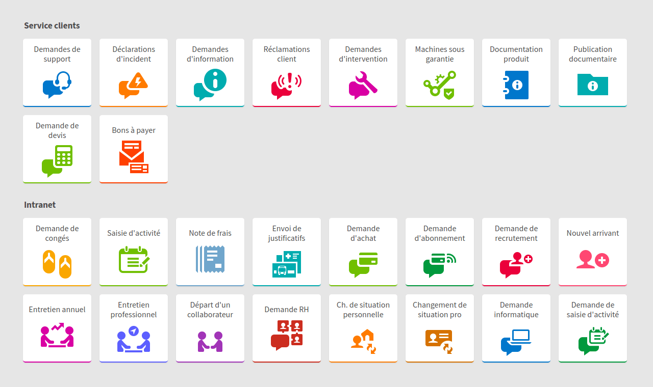 A selection of tiles providing access to services within web applications.