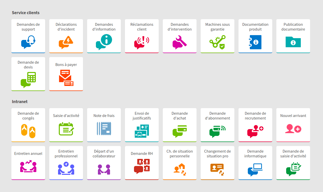 Quelques exemples de tuiles d&rsquo;accès aux services apparaissant dans les applications web.