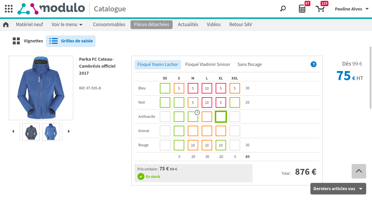 Plateforme d’e-commerce B-to-B. Ici, la commande de stocks d’articles en diverses couleurs et tailles par grille de saisie.