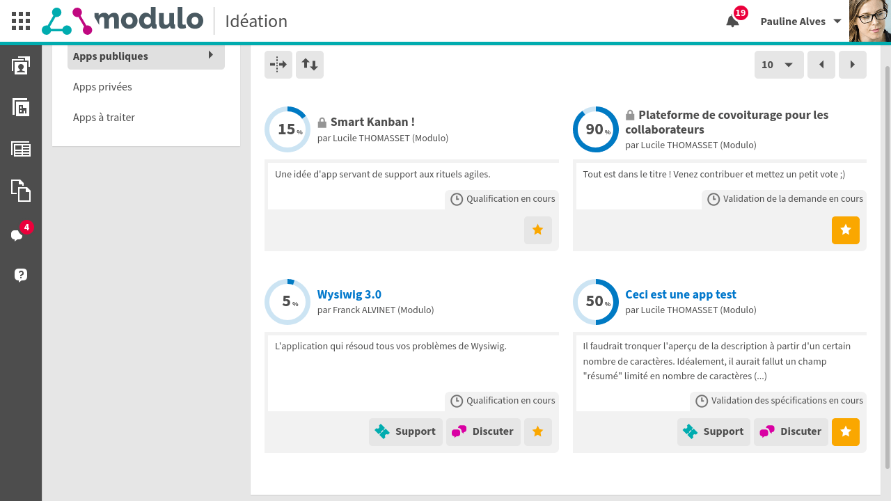 Plateforme d&rsquo;idéation. Les utilisateurs peuvent soumettre des idées d&rsquo;apps puis échanger avec la communauté ou les équipes de production.